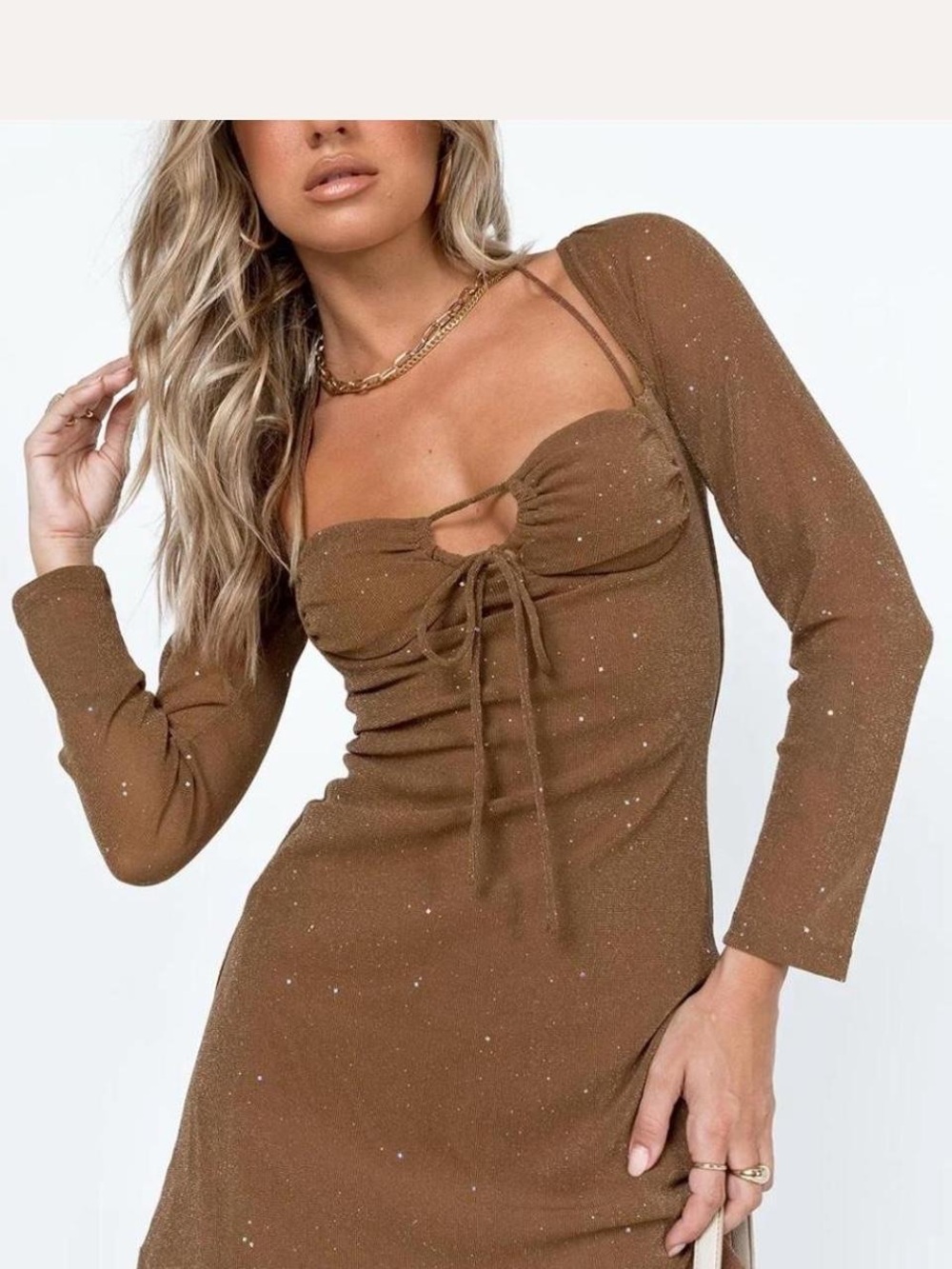 Princess Polly brown long sleeve sparkly mini dress